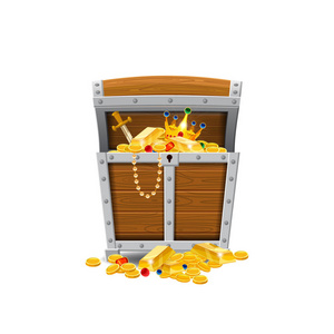 木制老海盗箱子, 充满宝藏, 金币, 珍宝, 矢量图, 卡通风格, 插图, 隔绝。对于游戏广告应用