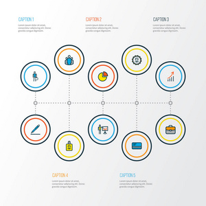 作业图标彩色线设置与 id 徽章, 增长的统计数据, 饼图和其他银行现金元素。孤立的矢量插图作业图标