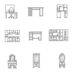 基本家具细线图标设置在极简风格。 白色背景上的黑线标志。 电脑扶手椅桌厨房梳妆台及其他