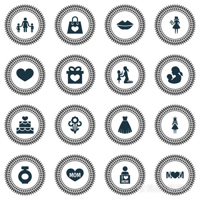 一套16像妈妈, 心脏和蛋糕等元素.美丽的符号为心脏, 妈妈和母亲