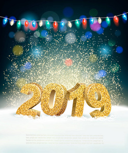 假日新年背景与2019年和花环。 向量