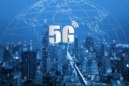 5g网络无线系统和智能城市通信网络连接全球无线设备。