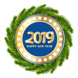 新年2019金蓝贺卡概念与圣诞树树枝隔离。 矢量插图