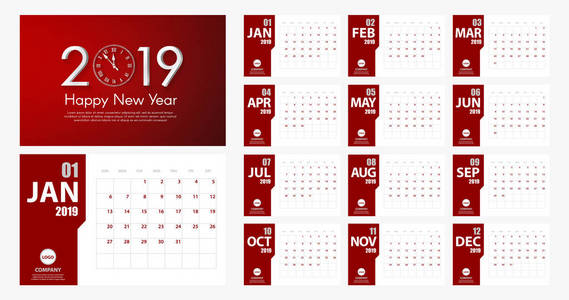 2019年新年日历简约现代风格.. 又红又白。 活动策划人。 所有尺寸。 矢量插图