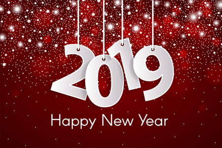 新年快乐2019年贺卡概念与剪纸白色数字在绳子上。 矢量插图