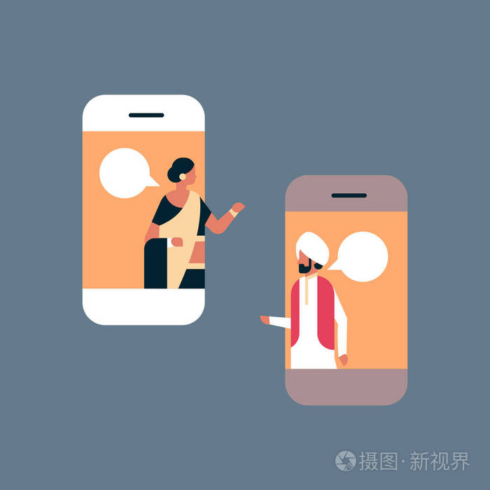 印度情侣聊天泡沫移动应用程序在线通信概念语音对话印度人女人卡通