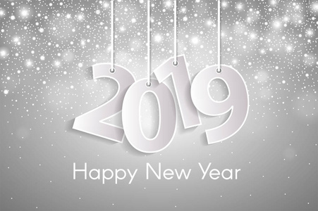 新年快乐2019年贺卡概念与剪纸白色数字在绳子上。 矢量插图