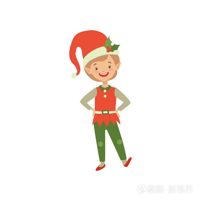 可爱的微笑圣诞精灵男孩, 小圣诞老人帮助向量例证在白色背景