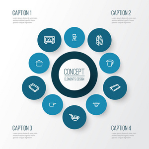 仪表图标线条样式设置有量杯平底锅烘烤片等电炉元件。孤立的矢量插图乐器图标