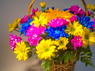 柳条篮子里的一束五颜六色的鲜艳花朵