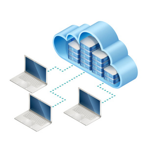 数据网络的等距图。 网络服务器或与互联网EPS10连接的云和笔记本电脑包含透明度。