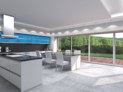 3D用蓝色面板绘制现代厨房