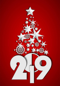 圣诞树由红色背景上的星星和雪花组成。新年2019概念。矢量图
