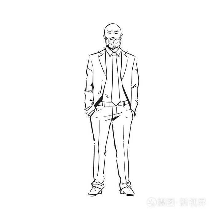 商务人执行手口袋概念商人全长在白色背景手画剪影草图