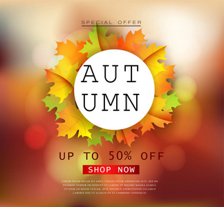 秋季销售传单模板与刻字。明亮的秋叶。海报, 卡片, 标签, 横幅设计