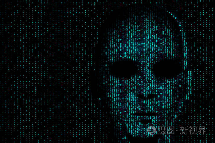 黑客和身份概念黑客脸上抽象的暗二进制代码背景3d渲染