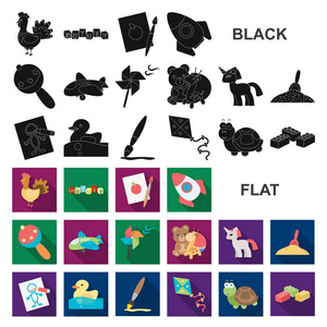 儿童玩具平面图标集合中的设计。游戏和摆设矢量符号股票 web 插图