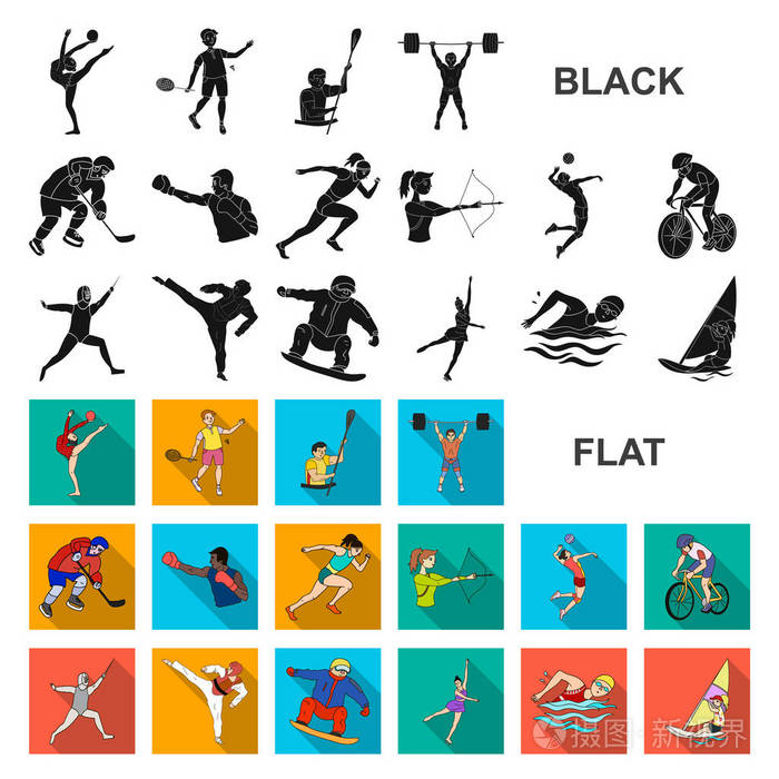 不同类型的运动平面图标集合中的设计运动员比赛矢量符号股票网页插图