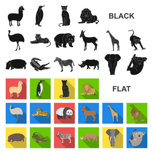 不同的动物在集合中平面图标的设计。鸟, 捕食者和草食动物矢量符号股票 web 插图