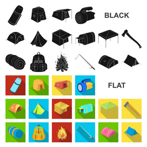 不同类型的帐篷平面图标集合中的设计。临时住所和住房矢量符号股票网页插图