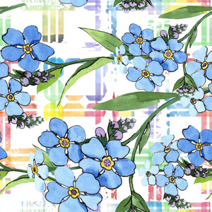 水彩蓝忘我不是花。 花卉植物花。 无缝背景图案。 织物壁纸印花纹理。 背景纹理包装图案框架用水花。