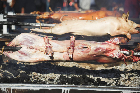 慢烤整只羊肉和小猪，在餐厅的烤架上选择性集中