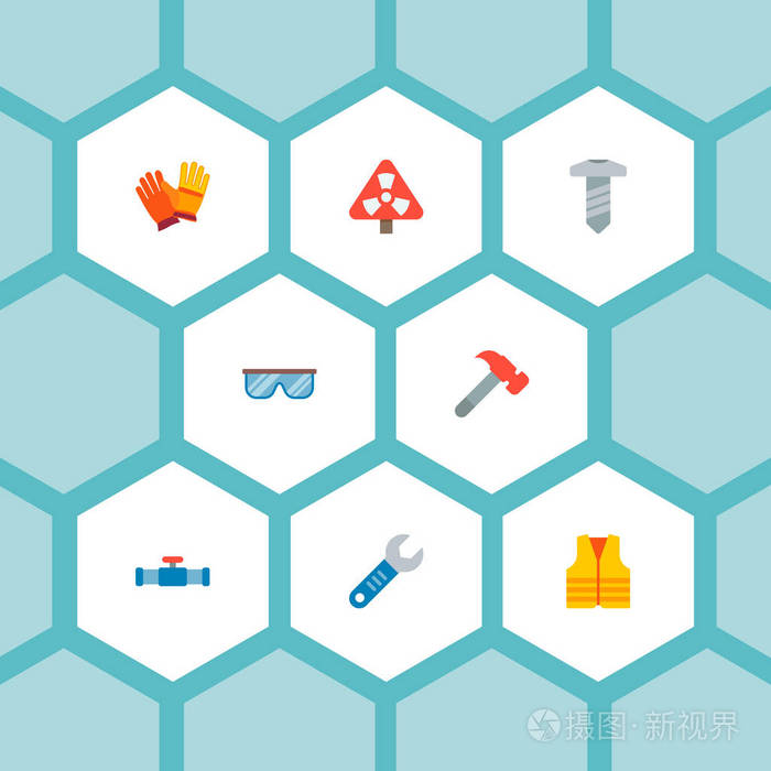 一套工业图标平面风格符号与锤子, 安全眼镜, 工人手套和其他图标为您的 web 移动应用程序徽标设计