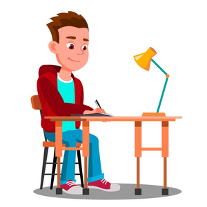 用台灯向量在桌子上写字的男孩。孤立插图