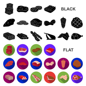 不同的肉类平面图标集合中的设计。肉类产品矢量符号股票网站插图