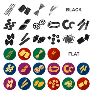 类型的面食平面图标集合中的设计。计算的通心粉吃矢量符号股票 web 插图