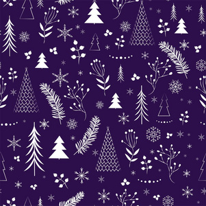 在明亮的紫色背景上的雪花和圣诞元素的无缝模式。新的一年的向量例证