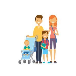 女儿婴儿童车全长度头像在白色背景, 成功的家庭概念, 平面卡通照片