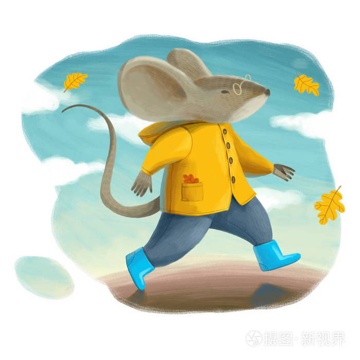 一只穿着黄色外套和蓝色靴子的老鼠在天空蓝色的背景上奔跑