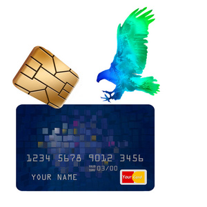 信用卡上的EMV安全芯片和降落在卡上的全息鹰在这个关于信用卡安全的插图中看到。