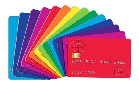 这是一系列颜色的通用信用卡。 卡片排列成一道彩虹的颜色。 这是一个例子。