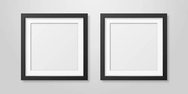两个矢量逼真 Mofern 内部黑色空白方形木海报相框设置特写镜头白色墙壁模拟。用于模型演示图像或文本的空海报框架设计模板