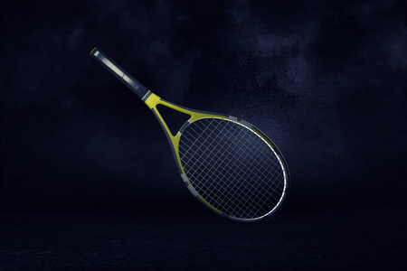 3d 呈现黄色和黑色专业网球球拍挂在聚光灯下的白色背景