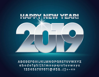 矢量魔术快乐新年2019年贺卡与字母表集字母符号和数字。 独特的银色字体。
