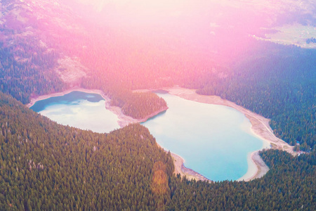 一个美丽的山湖，在阳光下被绿色森林包围
