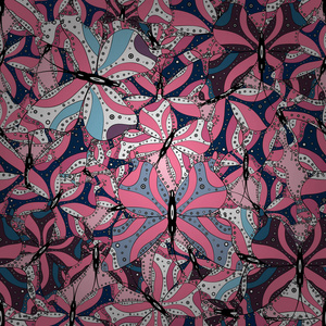 矢量图。 无缝图案与蝴蝶在粉红色，白色和黑色背景。 可爱的背景设计织物纸包装和壁纸。