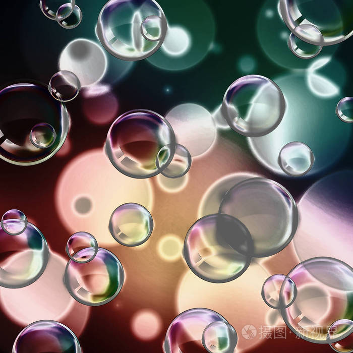抽象背景图像美丽的彩色发光的不同大小的彩虹泡泡