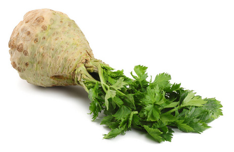 芹菜根，叶片分离在白色背景上。芹菜被隔离在白色上。健康食品