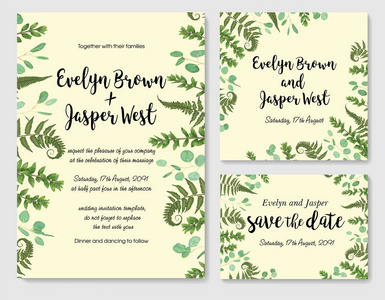 一套矢量婚礼邀请贺卡保存日期。 蕨木和桉树枝绿叶的框架。 水彩乡村风格