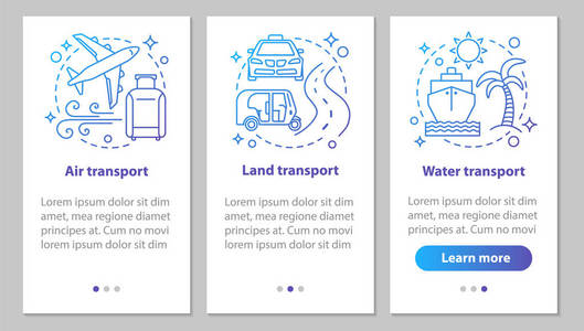 具有线性概念的移动应用程序页面屏幕上的传输模式。 陆地空运和水运步骤图形说明。 UXUI GUI矢量模板，插图