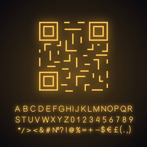 QR代码霓虹灯图标。 矩阵条形码识别。 二维数据代码。 二维条码。 带有字母编号和符号的发光符号。 矢量孤立插图