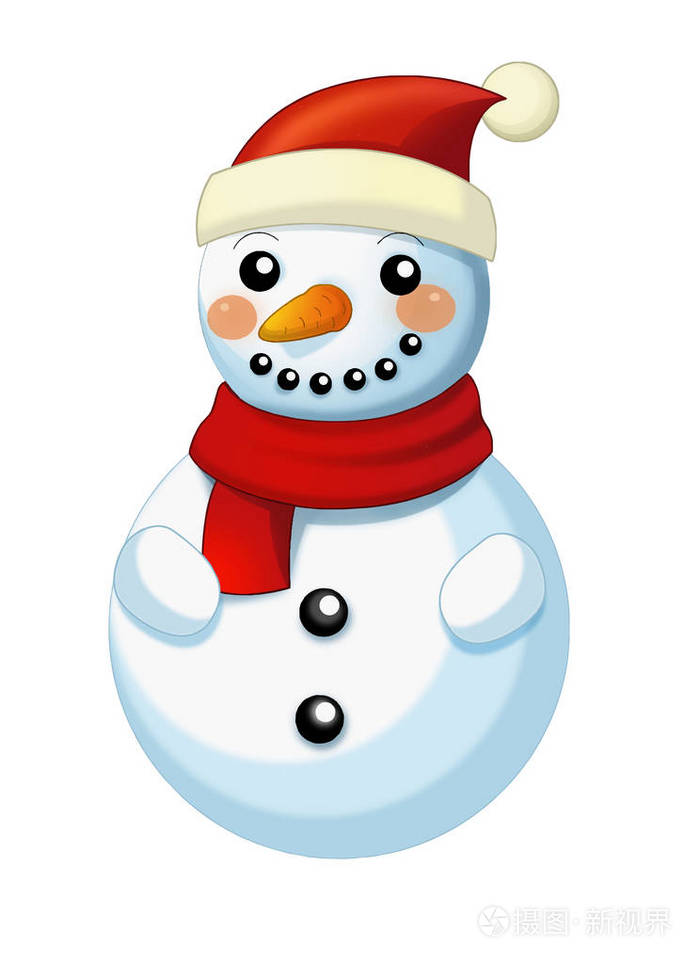 快乐的卡通雪人微笑着在白色背景矢量插图上孤立地观看儿童