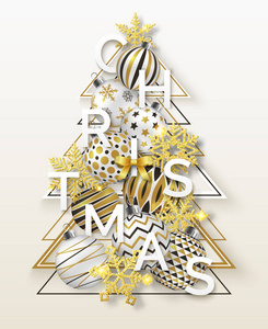 圣诞节背景与闪亮的雪花, 弓和五颜六色的球。新的一年和圣诞节卡片插图在浅色背景
