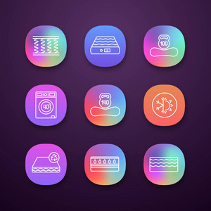 床垫应用图标设置。 用户界面ux用户界面。 弹簧空气机洗双季可回收水记忆泡沫床垫，重量限制高达100和140公斤。 矢量孤立插