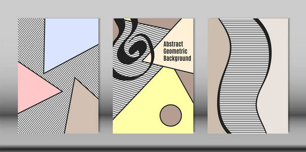 覆盖与包豪斯和图形几何元素设置的模板。用手写波浪条纹三角形和抽象矢量形状设置的标语牌。适用于小册子海报杂志版面