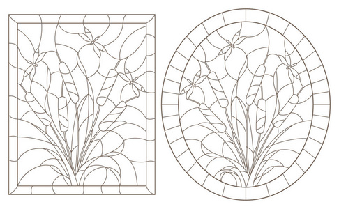 设置轮廓插图彩色玻璃与芦苇，花束与蜻蜓标记轮廓在白色背景